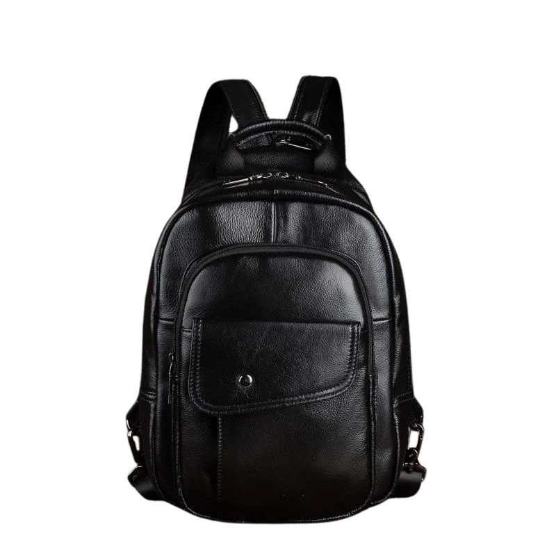 Mini sac à dos homme en cuir véritable noir, parfait pour les déplacements urbains.